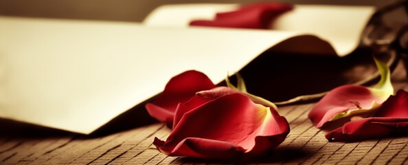 love letter background, red and pink roses, horizontal layout banner with copy space, generative ai