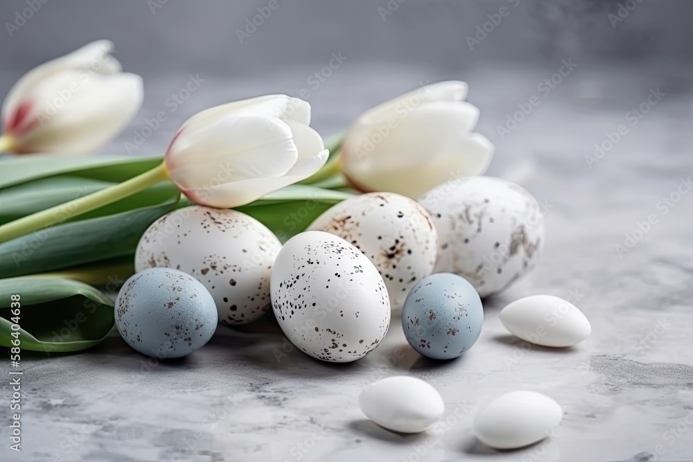 Poster spring-themed table setting with white tulips and eggs. generative ai