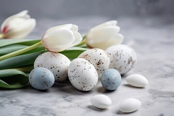 spring-themed table setting with white tulips and eggs. Generative AI