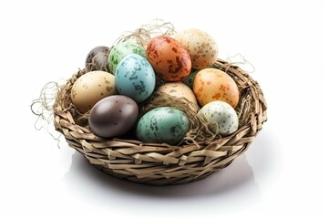 Naklejka na ściany i meble colorful Easter basket filled with eggs of various sizes and colors. Generative AI