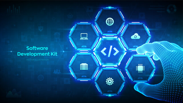 SDK. Software development kit programming language technology concept on virtual screen. Programming code. Wireframe hand places an element into a composition visualizing SDK. Vector illustration.
