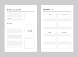 Gratitude Journal and thankful planner. Minimalist planner template set. Vector illustration.	
