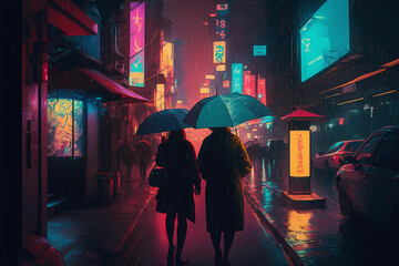 Couple with umbrella on cyberpunk night neon futuristic city background. Cyber punk street concept illustration. Digital fantasy art. Technology and future fashion. Generated by artificial