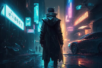 Cyberpunk man in a raincoat on night neon futuristic city background, back view. Cyber punk game character concept illustration. Digital fantasy, virtual reality art. Technology and future fashion