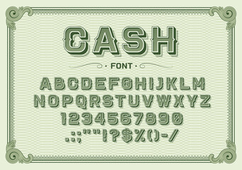 Money font, vintage type or typeface banknote alphabet, vector typography text. Dollar font or money currency retro type letters, old cash typeface of line guilloche pattern with typography symbols - obrazy, fototapety, plakaty