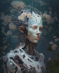 robot sprouting spring flowers