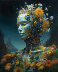 robot sprouting spring flowers