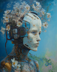 robot sprouting spring flowers