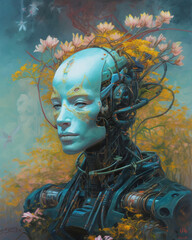 robot sprouting spring flowers