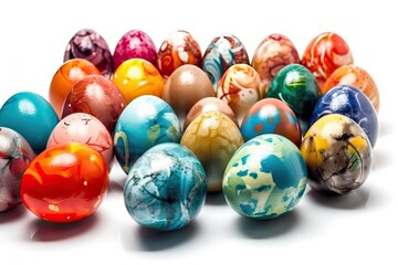 colorful Easter eggs arranged on a white background. Generative AI