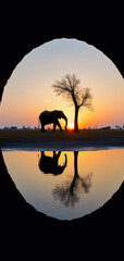 Lone Elephant at Sunset Reflection, AI