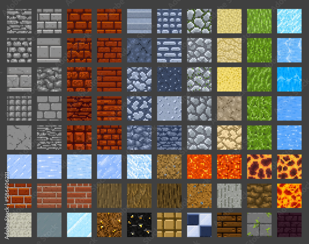 Poster pixel art game tile seamless patterns, vector retro 8 bit surface texture backgrounds. stone, brick 