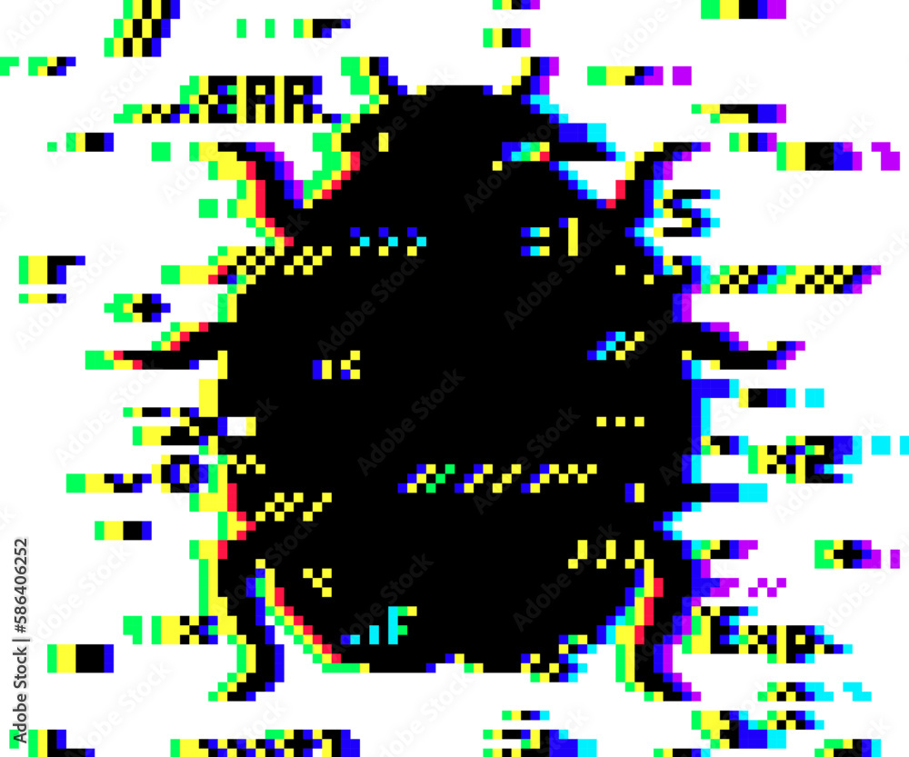 Poster glitch bug, vector glitched distortion effect in shape of beetle with colored random pixels. compute