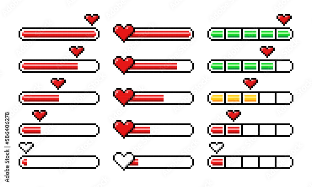 Poster pixel heart loading bars, 8 bit video game arcade assets and life status, vector props icons. pixel 