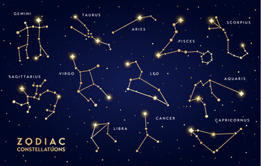 Golden zodiac constellations. Vector bright gold Gemini, Taurus, Aries, Pisces and Scorpius, Aquarius, Leo, Virgo or Sagittarius, Libra, Cancer and Capricornus astronomical clusters shine in night sky © Vector Tradition