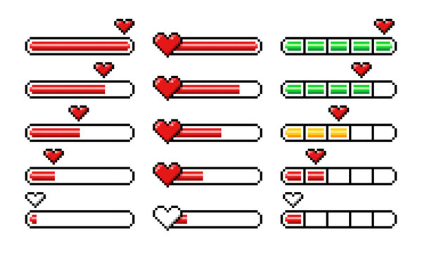 Pixel heart loading bars, 8 bit video game arcade assets and life status, vector props icons. Pixel heart loading progress bar with yellow half, green full and red empty load of life or energy meter