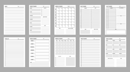 Planner page templates. School or college education daily organizer checklist, time management monthly calendar or vector timetable, task organization weekly planner template, office work To Do list