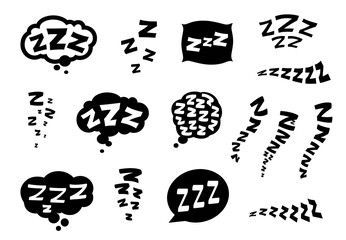Zzz, Zzzz doodle bed sleep and snore icons of snooze nap vector Z sound icons. Sleeping cloud bubbles and pillows of sleeper or alarm clock Zzz doodle symbols for goodnight sleep and snooze expression - obrazy, fototapety, plakaty