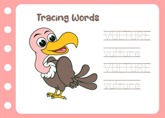 tracing the word vulture cartoon kids education 