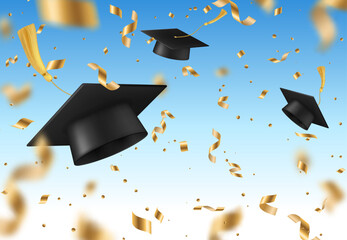 Student graduate caps with golden confetti. College, academy and school education vector background. Graduation celebration, congratulation or invitation card backdrop with falling caps and confetti
