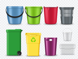 Plastic buckets, trash cans and containers realistic mockup. Household or laundry colorful buckets with handle, ice cream or mayonnaise packaging isolated vector mockups, realistic trash containers