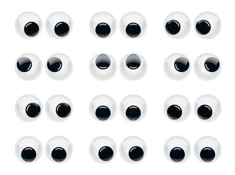 Plastic wobbly animated puppet toy eyes. Doll moving eyeballs, puppet or funny toy isolated realistic vector glossy glass eyes with wobbly black irises looking up, side and down