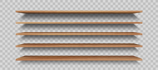 Wooden store shelf or empty wall bookshelf, vector wood bar displays, isolated realistic vector. Bookshelf mock up on transparent background, wall or cabinet racks, exhibition stand or book shelves