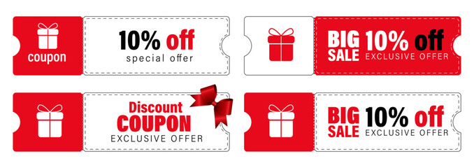 Discount coupon. coupon set, 10% off discount coupon, special offer, big sale, red vector illustration