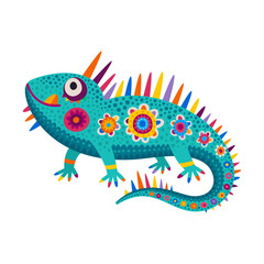 Lizard with floral prints, cartoon mexican iguana in ethnic design. Vector exotic salamander, tribal chameleon with colorful flowers