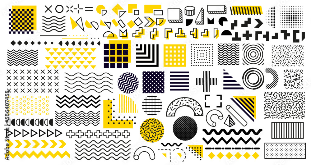 Poster Memphis geometric shapes, abstract modern patterns in line art, vector backgrounds. Memphis geometric elements of circle, triangle and rectangular square shapes with dot and line patterns