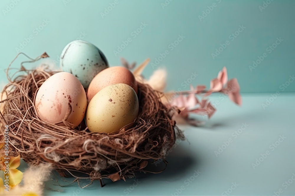 Poster bird nest with three eggs. generative ai