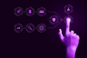 The hand displays the company's icon. Businesswoman holding arrow, rising future growth graph