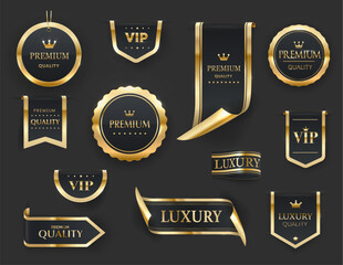 Golden luxury labels and banners, gold premium quality certificate ribbons, vector badges. Luxury VIP and premium quality sticker tags and banners for best product seals and banners with golden crown