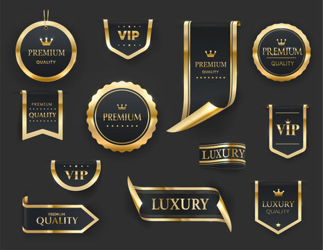 Golden luxury labels and banners, gold premium quality certificate ribbons, vector badges. Luxury VIP and premium quality sticker tags and banners for best product seals and banners with golden crown