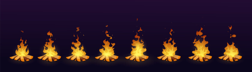 Bonfire animation, fire flame cartoon animated sprite, vector burning wood. Campfire burn or bonfire animated sprite for game, fire torch light, fireplace hearth or firewood and woodfire flames