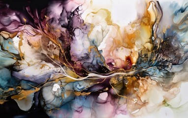 Incredible watercolour / metallic paint / flowing paint abstract background texture. Generative AI. Vibrant, beautiful colour, with metallic gold foil paint. Very High Res.