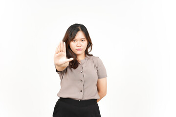 Stop Rejection Hand Gesture Of Beautiful Asian Woman Isolated On White Background