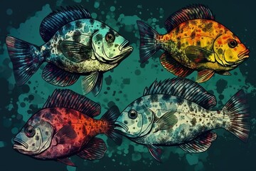 Obraz na płótnie Canvas three brightly colored fish swimming in a blue water background. Generative AI