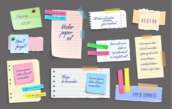 Paper notes, stickers, sticky sheets and tape. Vector set of to do list, memo messages, notepads and torn paper sheets. Notepaper meeting reminder, office notice or information board with appointments