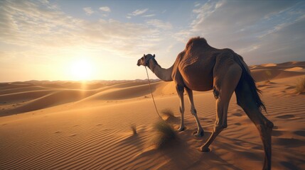 camel on a sand dune in the desert at sunset. Created with generative AI.