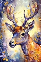 A digital watercolor type illustration of a buck with antlers in a fantasy forest setting. Generative AI. 