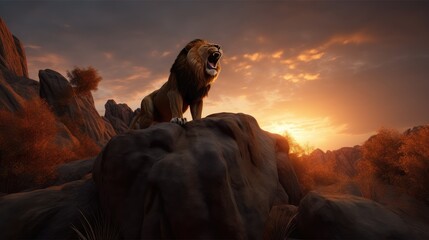 Lion at sunset.  Created with generative AI.	
 - obrazy, fototapety, plakaty