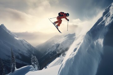 Naklejka na ściany i meble Embrace the Fearless Spirit of Extreme Ski Jumping, Excitement of Radical Mountain Sports, GENERATIVE AI