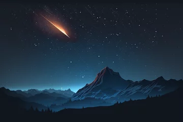 Zelfklevend Fotobehang Vector night mountains landscape with stars and meteor, Generative AI © Tahsin