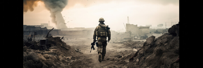 Special Forces Military soldier walking through destruction and battlefield warzone aftermath as wide banner with copyspace area for world war conflict concepts, generative AI - obrazy, fototapety, plakaty