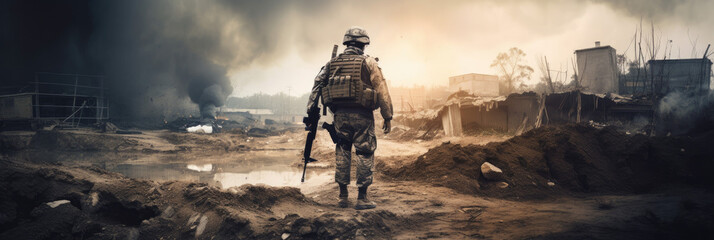 Special Forces Military soldier walking through destruction and battlefield warzone aftermath as wide banner with copyspace area for world war conflict concepts, generative AI