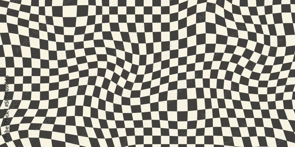 Poster Trippy checkerboard background. Retro psychedelic checkered wallpaper. Wavy groovy chessboard surface. Distorted geometric pattern. Abstract monochrome vector backdrop