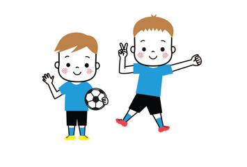 サッカーをする子どもたち　ジャンプしているふたりの少年