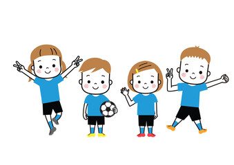 サッカーチームの男女４人　楽しそうにはしゃいでいる四人の子どもたち © taeco