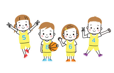 バスケットチーム　楽しそうにはしゃいでいる四人の男女の子どもたち